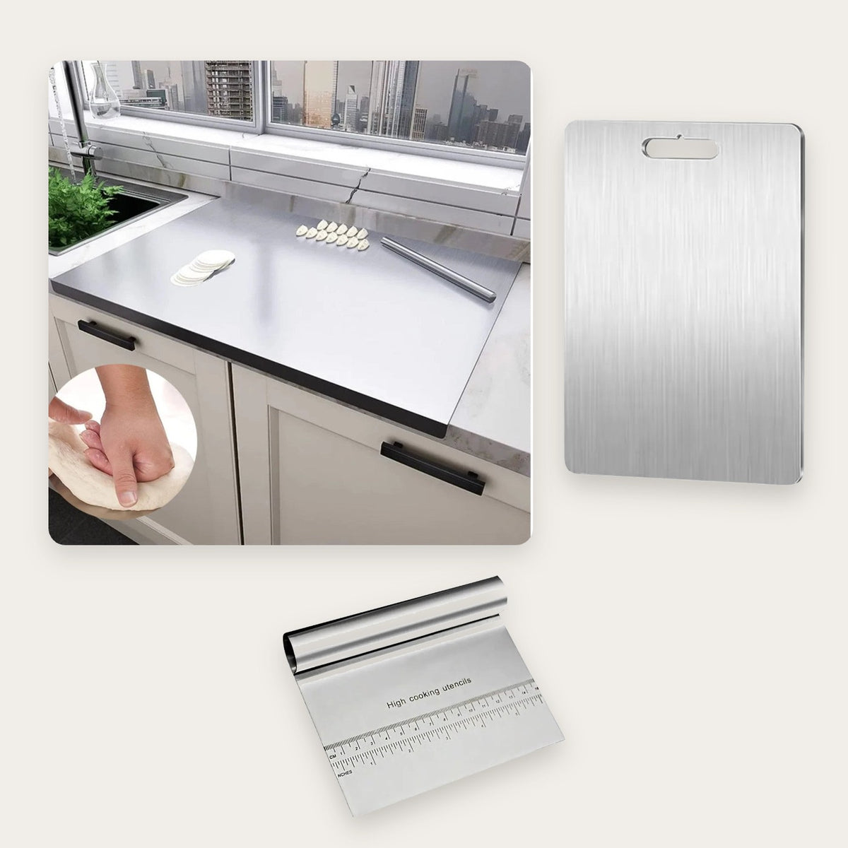 Pack inox: tabla de trabajo 30 × 40 cm, tabla de cortar 28 × 39 cm y rasqueta