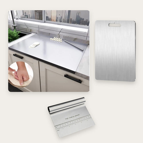 Pack inox: tabla de trabajo 30 × 40 cm, tabla de cortar 28 × 39 cm y rasqueta
