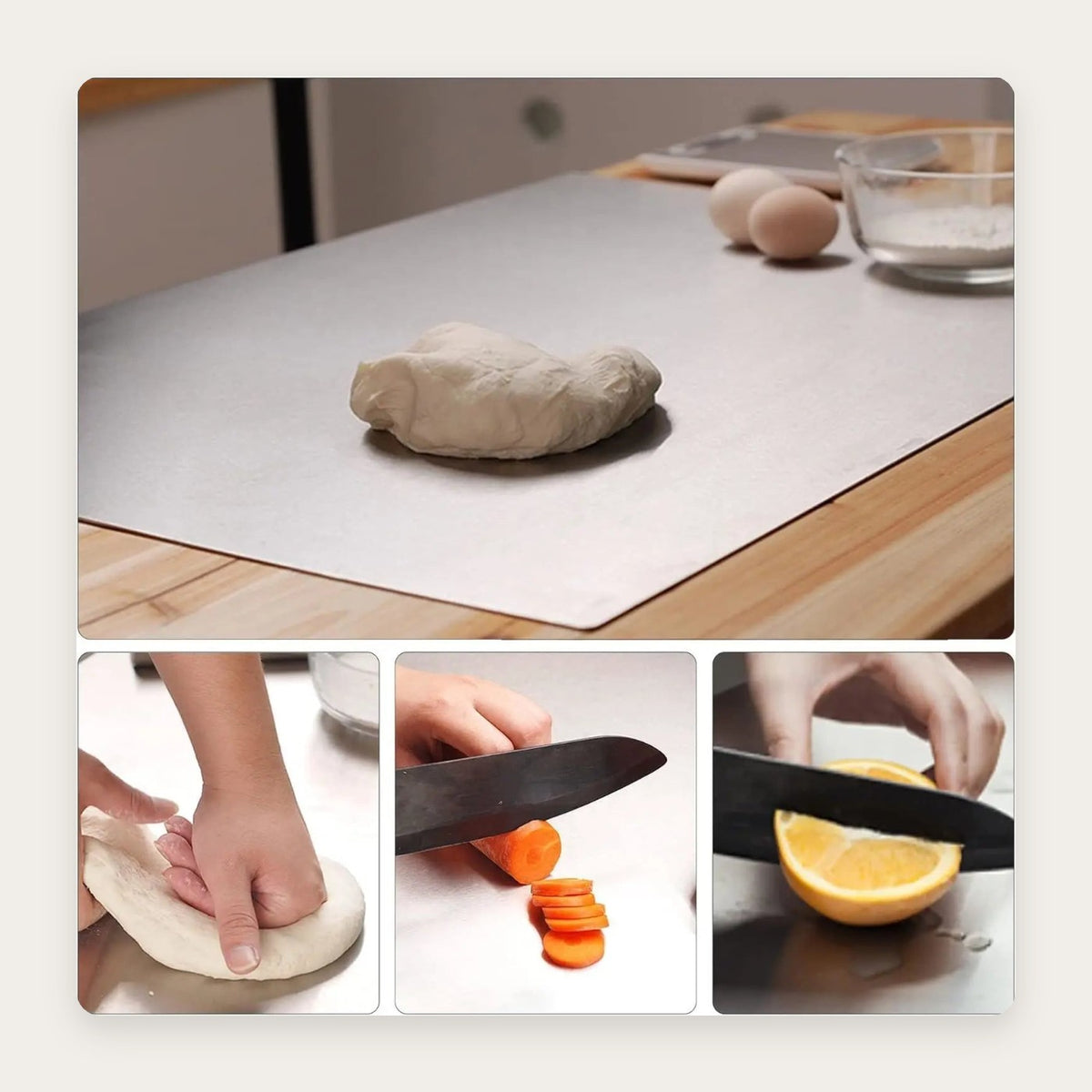 Impasto, carote e limone preparati sul tagliere da lavoro in acciaio inox